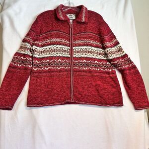 Tiara International Sweater Full Zip Large Red Pink Nordic Style Fair Isle Vtg